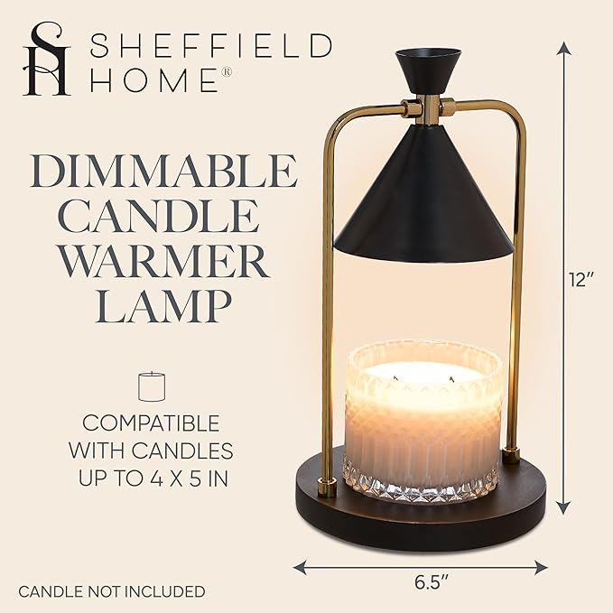 Sheffield Home Glass Candle Warmer Lamp – Elegant Candle Warmer for Long-Lasting Fragrance, Sleek Design, 12x7, Black Iron Candle