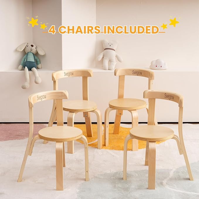 Swegrow Wooden Kids Chair, Toddler Chair for Table, Kids Stackable Chairs, Kid Wooden Furniture for Family/Playroom/Classroom（Set of 4-Natural Wood）