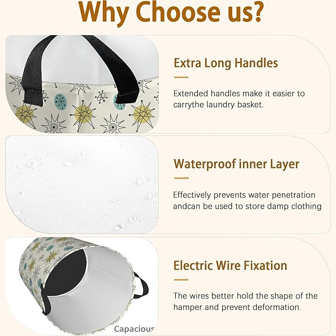 Mid Century Modern Pattern Laundry Basket,Waterproof Foldable Laundry Hamper,Dirty Clothes Laundry Basket, Linen Bin Storage Organizer for Toy Collection 16" x 20"