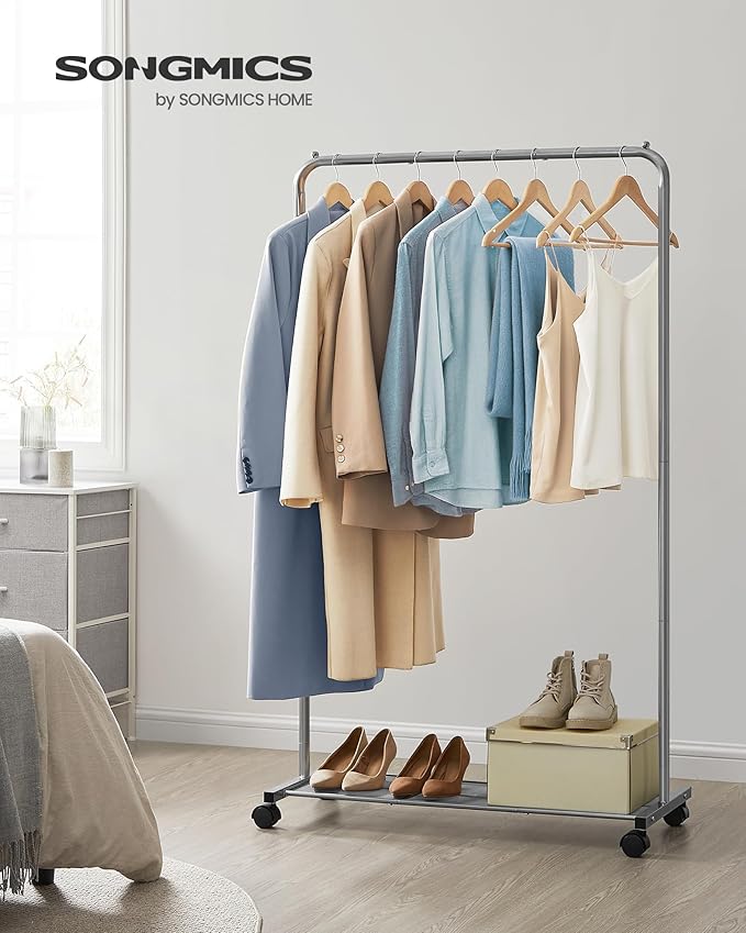 SONGMICS Clothes Rack with Wheels, Clothing Rack for Hanging Clothes, 25.4 mm Metal Garment Rack with Dense Mesh Storage Shelf, 110 lb Load Capacity, 2 Brakes, Gray UHSR025G01