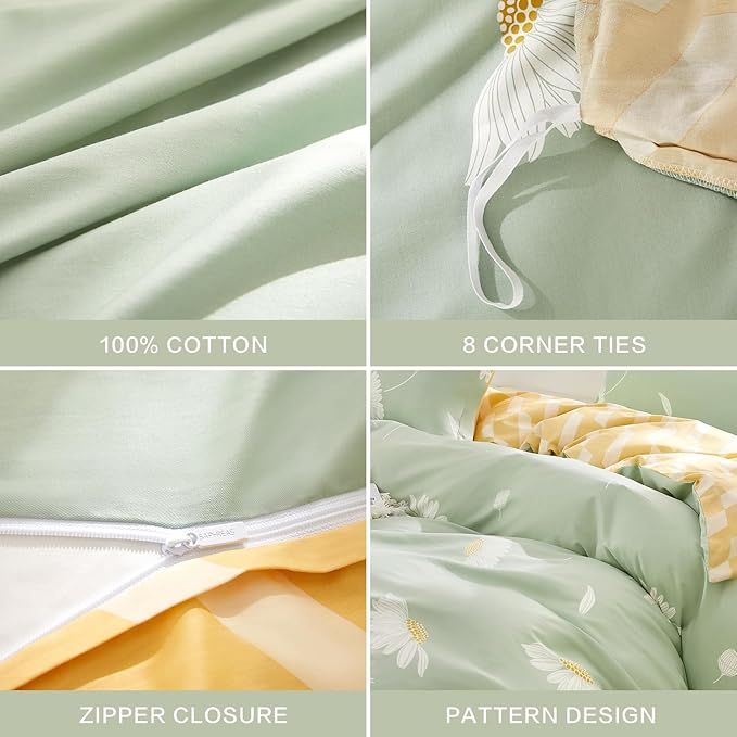 SAPHREAS White Daisy Floral Duvet Cover Set Twin Size 2pcs Light Green Bedding Comforter Cover Set 100% 1 Duvet Cover 68"x90" 1 Pillow Sham, Comforter Not Included
