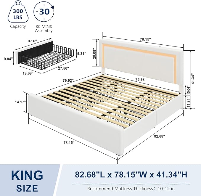 King Size Bed Frame with Adjustable Headboard, Upholstered Platform Bed with 4 Storage Drawers, Wooden Slats Support, Built in Charging Station & LED, Noise-Free, No Box Spring Needed, Beige