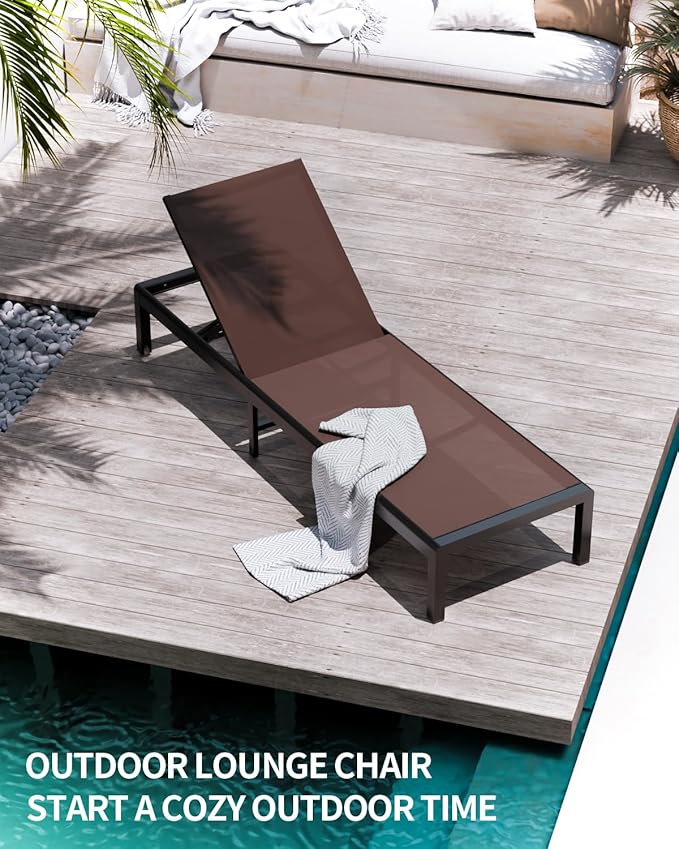 Aluminum Lounge Chairs Outdoor Chaise Furniture,2 Sets Patio Metal Deck Lounger Adjustable 5-Position Poolside Chase Recliner with Wheels for Beach,Coffee Table, (Brown, 1 Chair)