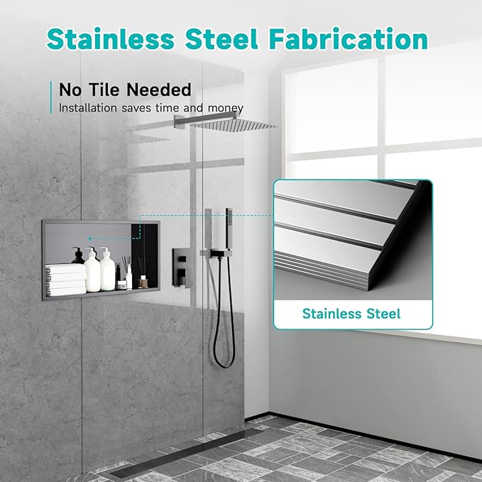 Stainless Steel 12"x24" Shower Niche - No Tile Needed Recessed Wall Niche Waterproof for Walk in Shower Bathroom Storage, Black