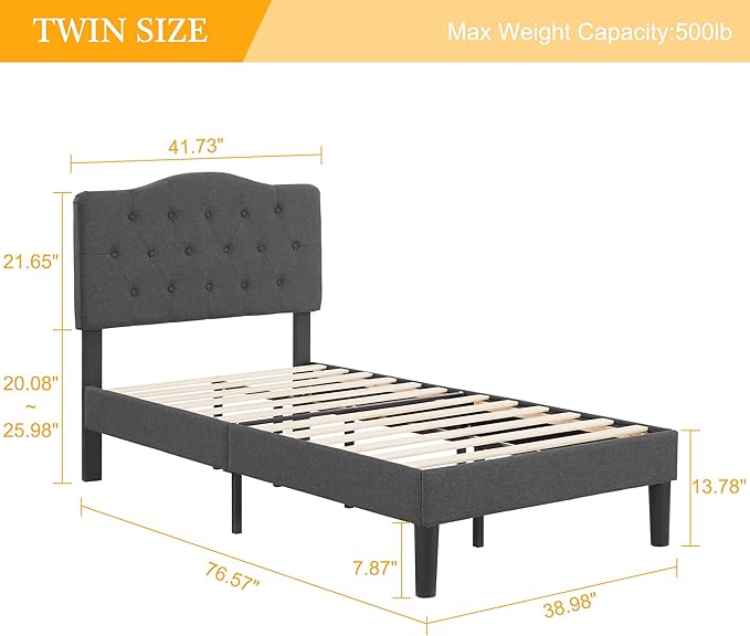 VECELO Twin Size Bed Frame Upholstered Platform with Tufted Adjustable Headboard/Mattress Foundation with Wood Slat Support, Easy Assembly,Grey