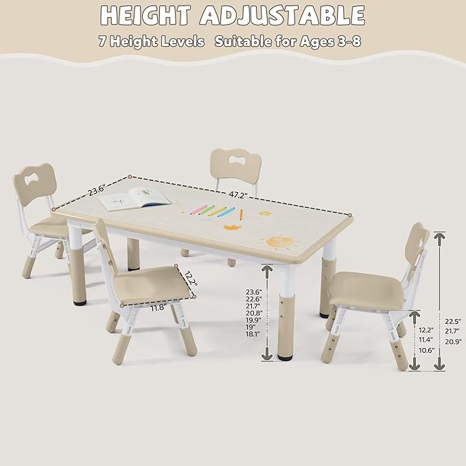 Adjustable Kids Table Chairs Set – Graffiti Desktop, Multi-Activity Height-Adjustable Toddler Study Desk for Ages 3-8 – Ideal for Home, Classroom, Daycare (W-Wood, 4 Chairs-47.2" L x 23.6" W)
