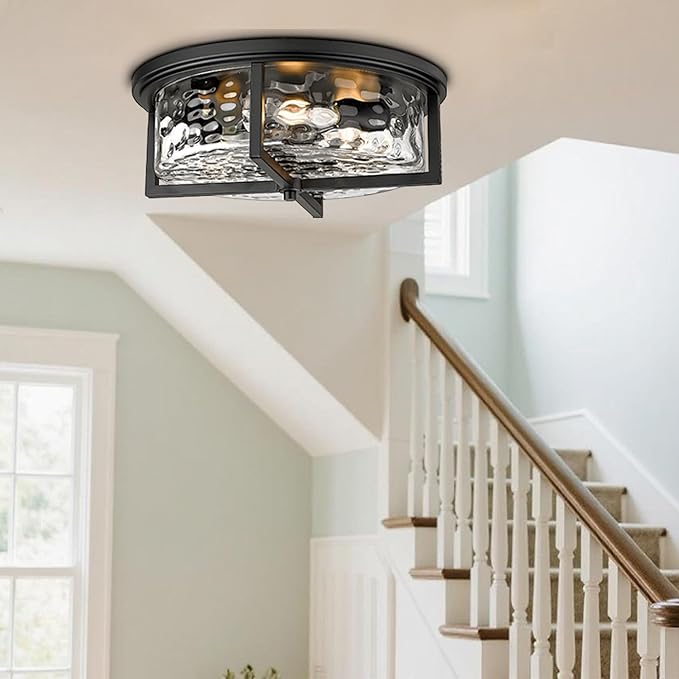 Large Industrial Flush Mount Ceiling Light, 3-Light Modern Close to Ceiling Lights, Hammered Kitchen Ceiling Light for Hallway, Kitchen, Bathroom, Dining Room (Black, 16" D)