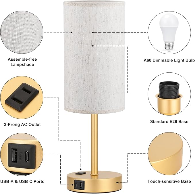 Touch Table Lamp - Cream, 3-Way Dimmable, USB A + C Charging, AC Outlet, 17.4inch Medium, Gold Metal Base