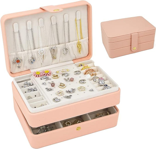 KOOAAICCHI Small Jewelry Box, Travel Jewelry Organizer, Portable Jewelry boxes for Women Girls Gift, Double Layers PU Leather Jewelry Holder for Rings, Earrings, Necklaces-Pink