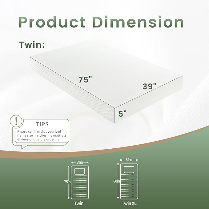 Twin Mattress 5 Inch for Kids, Memory Foam Mattress Medium Firm Pressure Relief with Cooling Green Tea Gel, Mattresses in a Box Comfortable and Supportive No Fiberglass