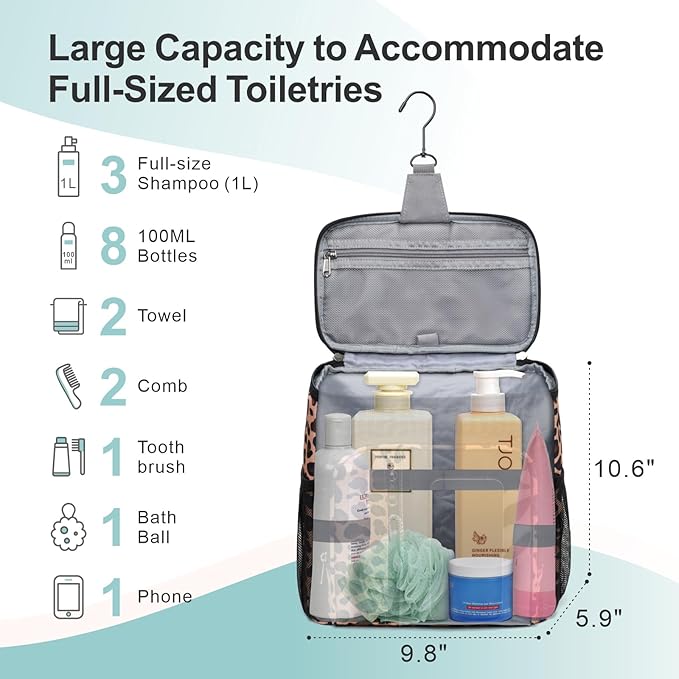 F-color Hanging Shower Caddy Portable - College Dorm Essentials for Guys with Hooks, Quick-Dry Shower Bag for Dorm Travel Gym Camping Essentials, Water-Resistant with Multiple Pockets, Leopard