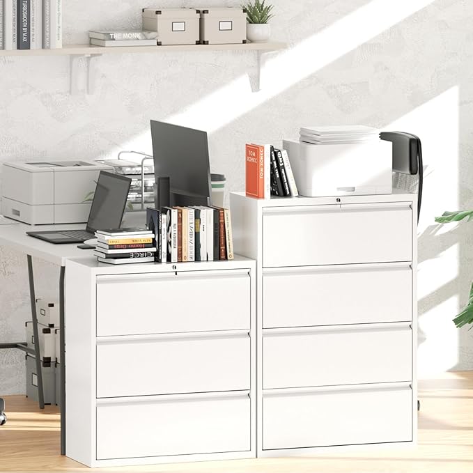 Greenvelly 4 Drawer File Cabinet with Lock, Lateral Filing Cabinets for Home Office, Lockable Metal Lateral File Cabinet, Wide Office File Cabinets with Hanging Files&Key for Letter/Legal/F4/A4