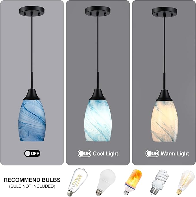 Mini Glass Pendant Light 4.72" with Handblown Blue Marble Art Glass Hanging Light 1-Pack Oval Ceiling Hanging Light Fixture for Dining Room Kitchen Island Cafe Foyer Hallway