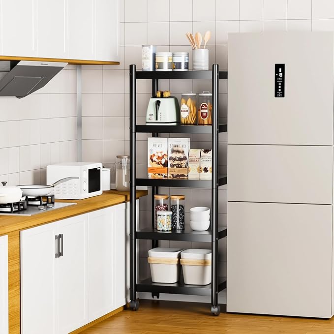VETALLO Metal Shelves 5 Tier Shelving Units,Estantes para Cocina,Storage Rack Shelf for Kitchen,Garage, Pantry, Closet Organizer, Utility Narrow Racks Carts with Wheels (15.7" L x 11.8" W x 54.3" H)