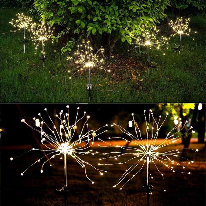Anordsem Solar Lights Outdoor Waterproof: Garden Fairy Light Powered for Yard Outside Decor-Starburst Fireworks Lamp Led for Patio Pathway- Sparklers Stick Twinkle Gifts for Women 2 Pack Warm White