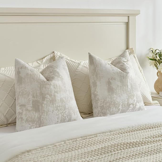 FUTEI Beige White Decorative Throw Pillow Covers 18x18 Inch Set of 2,Soft Faux Cashmere Jacquard - Textured & Cozy Cushion Case,Modern Home Decor for Couch Bed Living Room