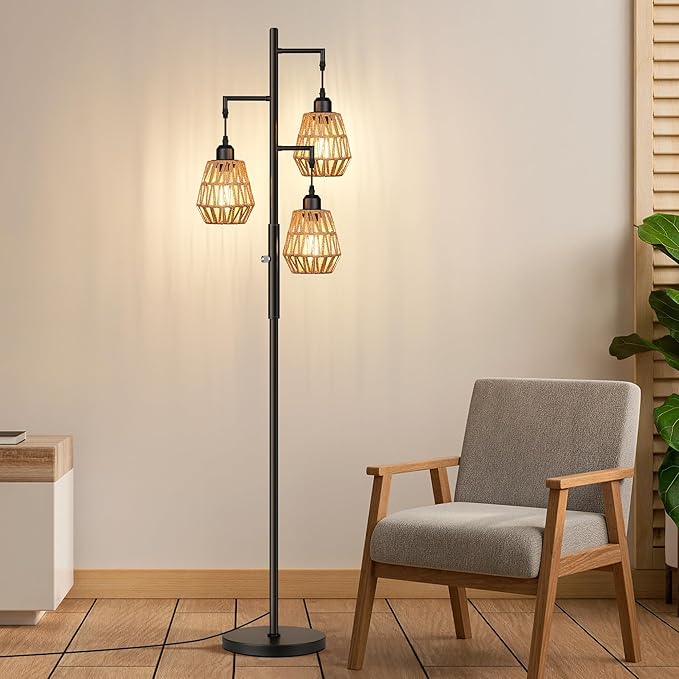 QiMH Farmhouse Floor Lamps for Living Room, Industrial Standing Lamp with 3-Lights Boho Rattan Shades, 68" Modern Rustic Tree Tall Lamps for Bedroom Office, Rotary Switch, 3 LED Bulbs Included