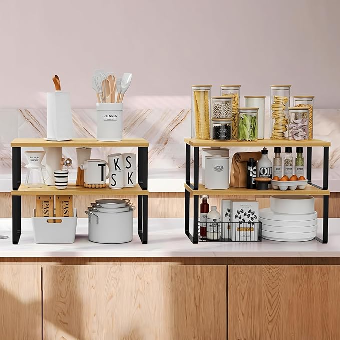 2 Pack Cabinet Organizer Shelves, Stackable and Expandable Kitchen Counter Shelf, for Kitchen Cabinet Countertop Storage, Spice Rack, Metal and Premium Bamboo (White, 11.7" W)