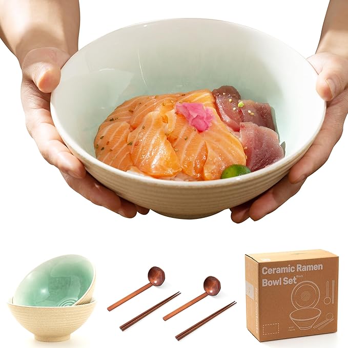 8 Inch Ceramic Ramen Bowl Set of 2, 40oz Japanese Bowls with Spoons & Chopsticks,Durable,Microwave & Dishwasher Safe,Perfect for Ramen,Pho,Salad,Soup,Noodles，Mixing bowls（Cyan Sea）