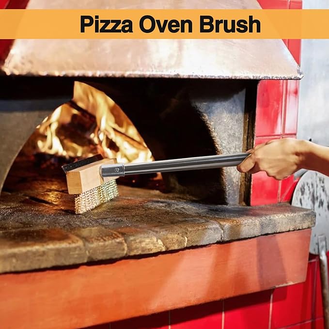 Stainless Steel Pizza Oven Brush, Grill Brush with 4 Sections Detachable Long Rod Design and Scraper, Brass Bristles Pizza Brush for Restaurants, Commercial Cleaning, Kitchens, BBQ Shelf