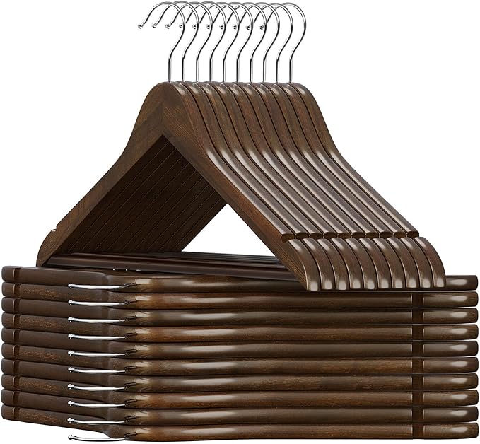 20 Pack Wooden Coat Hangers, 360° Swivel Hook, Suit Hangers with Anti-Slip Notches, for Jackets, Shirts, Dress, Dark Walnut, UAWY0520H