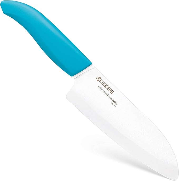 Kyocera’s Revolution Series 5.5” Ceramic Santoku Knife, Chef Knife For Your Cooking Needs, Blue Handle, White Blade