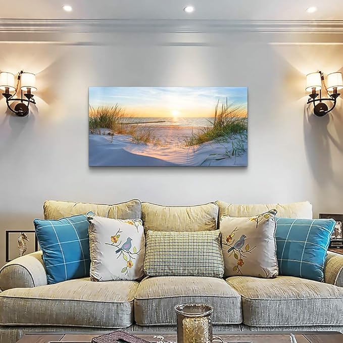Canvas Wall Art For Living Room Super Large Size Wall Decor For Office Canvas Art Framed Pictures Artwork Blue Sun Beach Grass Ocean Landscape Paintings Bedroom Decor Seascape Draw Home Decorations