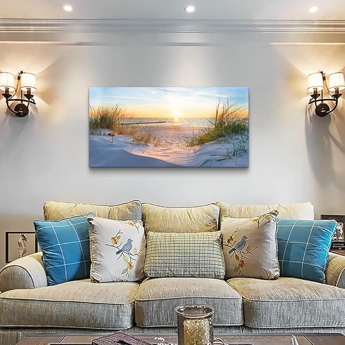 Wall Art For Living Room Large Size Wall Decorations Pictures Blue Sun Beach Grass Ocean Landscape Painting Office Wall Decor Canvas Prints Ready To Hang For Home Decoration Works Of Art 24" X 48"