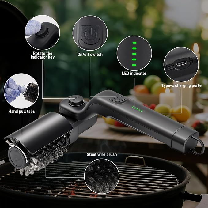 Automatic Electric Grill Cleaner - Rechargeable BBQ Brush w/Stainless Steel Head & Abrasive Replacement, Outdoor Grill Scraper Tool (Black)