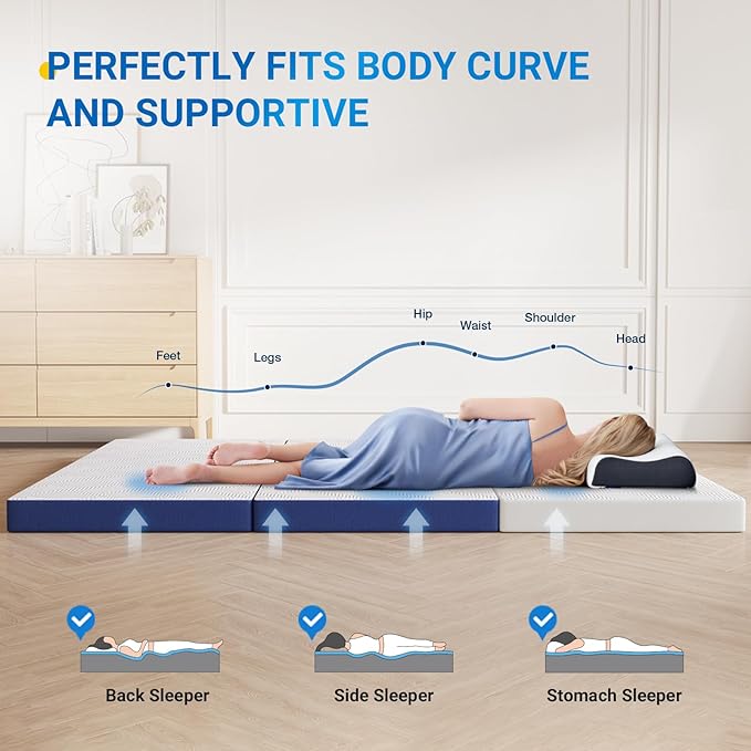 Avenco Folding Mattress Single, Trifold Mattress 4 Inch Memory Foam for Guest Room/Caravan/Camping/Travel, Portable with Removable Cover & Non-Slip Bottom