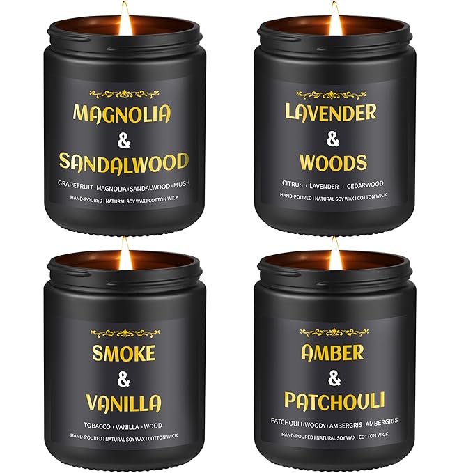 Scented Candles for Men, 4 Pack Mens Candle Gift Set, Relaxation Candles for Home Scented, 28oz Soy Wax Aromatherapy Candles of Lavender/Patchouli/Sandalwood/Smoke & Vanilla