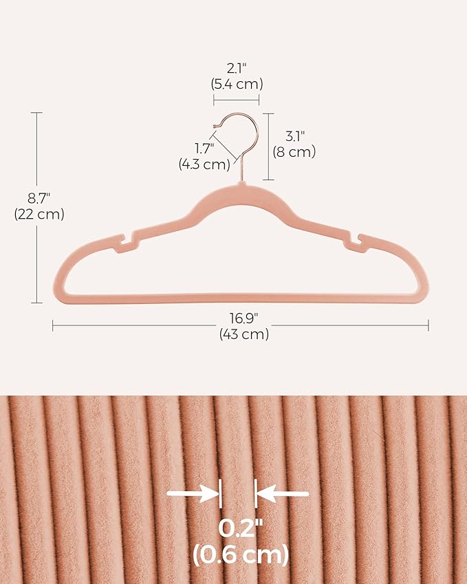 SONGMICS Velvet Hangers 50 Pack, Non-Slip Clothes Hangers, Suit Hangers with Shoulder Notches, Pants Bar, 360° Swivel Hook, Space-Saving, for Closet, Jelly Pink UCRF029PK05