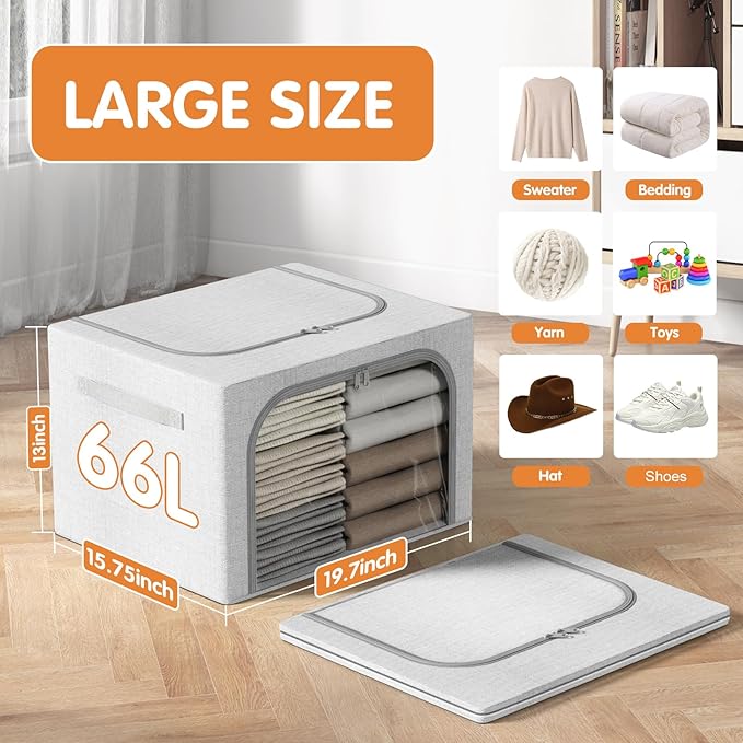 3 Pack Clothes Storage Bins with Metal Frame, Stackable & Foldable Linen Storage Box with Lids, Closet Organizers And Storage For Bedding, Blanket, Sweater, Baby Clothes. (Large 66L)