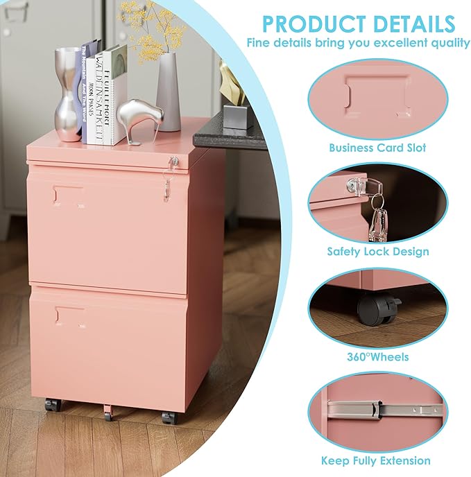 Aobabo 2 Drawer File Cabinet with Wheels, Lockable Metal Filing Cabinet with Business Card Slot for Legal/Letter Size for Home Office, Required Assembled,Pink