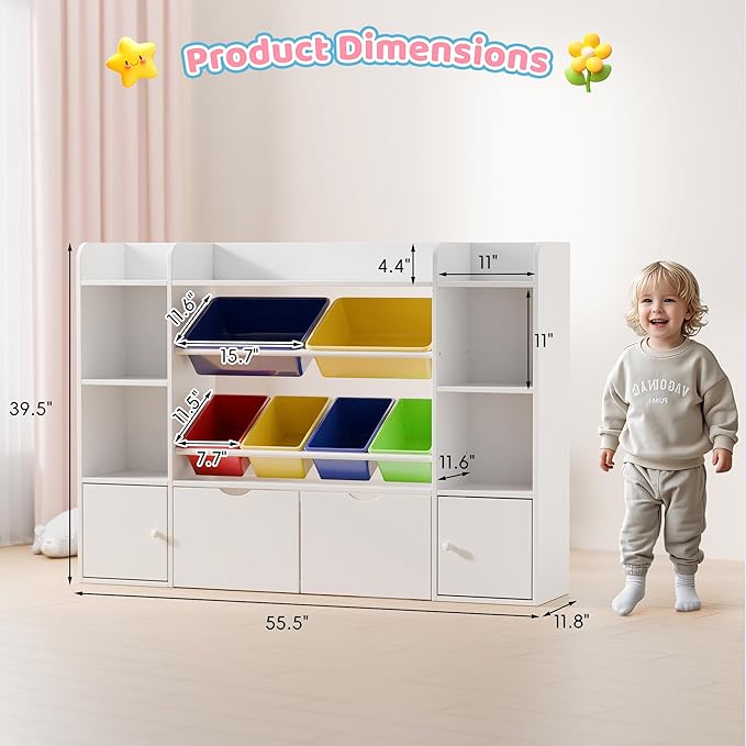 Xilingol Kids Toy Storage Organizer W/6 Removable Toy Bins, 4-Tier Toy Organizers W/6 Storage Cubbies and 2 Movable Drawers, Kid Bookshelf and Toy Storage for Playroom, Bedroom, Kids Room (Multicolor)