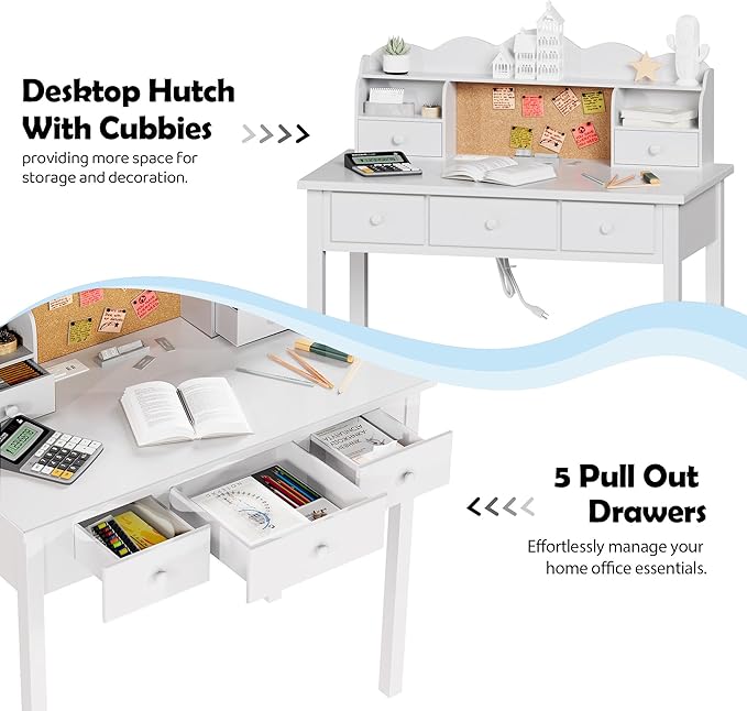 Home Office Furniture Writing Desk, 36 Inch Computer Work Station with Detachable Hutch for Small Place, 5 Drawers(White)