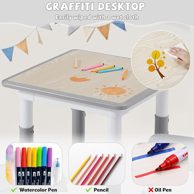 Adjustable Kids Table Chairs Set – Graffiti Desktop, Multi-Activity Height-Adjustable Toddler Study Desk for Ages 3-8 – Ideal for Home, Classroom, Daycare (W-Gray, 4 Chairs-23.6" L x 23.6" W)