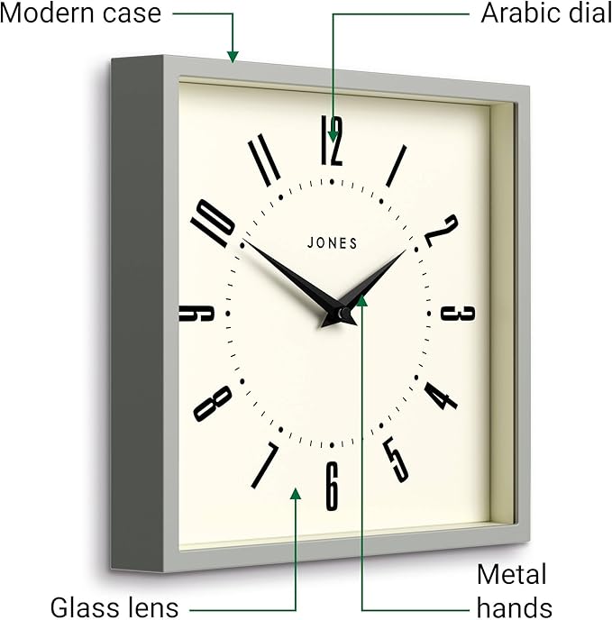 JONES CLOCKS® Box Wall Clock | Retro Square | 25cm | Gray | Easy to Read Numbers | Perfect Kitchen or Office Clock