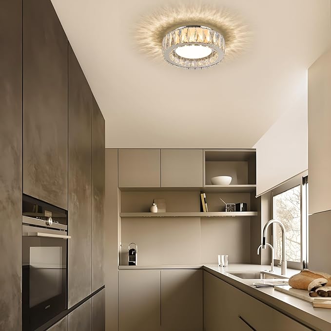 Dimmable Crystal Modern LED Flush Mount Ceiling Light,Chrome 11 Inch Small Chandelier 24W 5CCT 3000K-6000K Hallway Close to Ceiling Light Fixtures for Kitchen,Entryway,Laundry Room,Bedroom