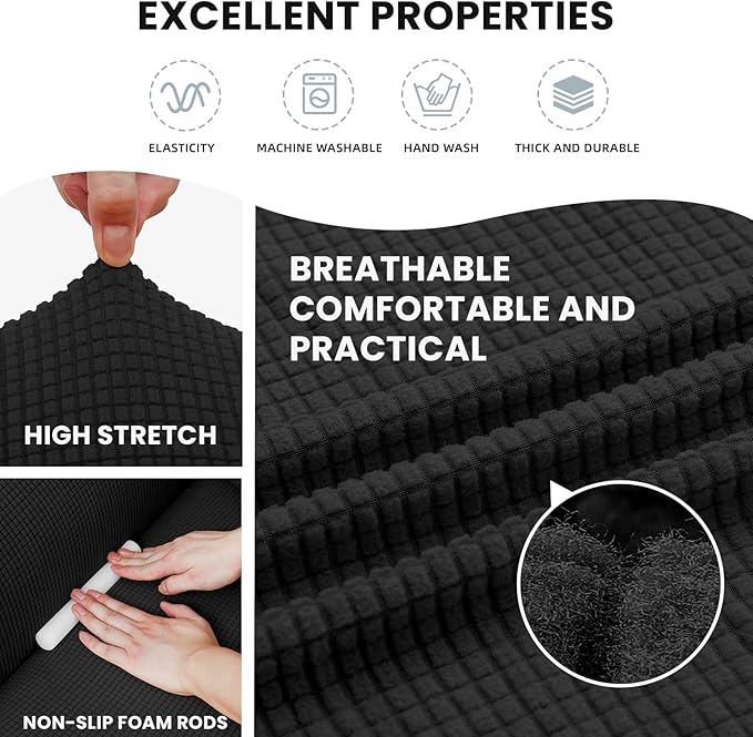 LURKA Stretch Sofa Slipcovers Couch Covers for 3 Cushion Couch Sofa Pet Friendly Non Slip Sofa Cover Washable Furniture Protector with Elastic Bottom (Large, Black)