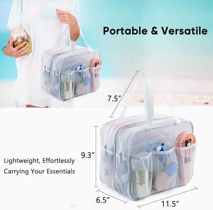 Large Mesh Shower Caddy with Wet & Dry Zones – Portable Hanging Toiletry Bag for College Dorm Room Essentials, Travel, Gym, Camping, Beach Tote Bag – Quick-Dry Shower Tote Organizer