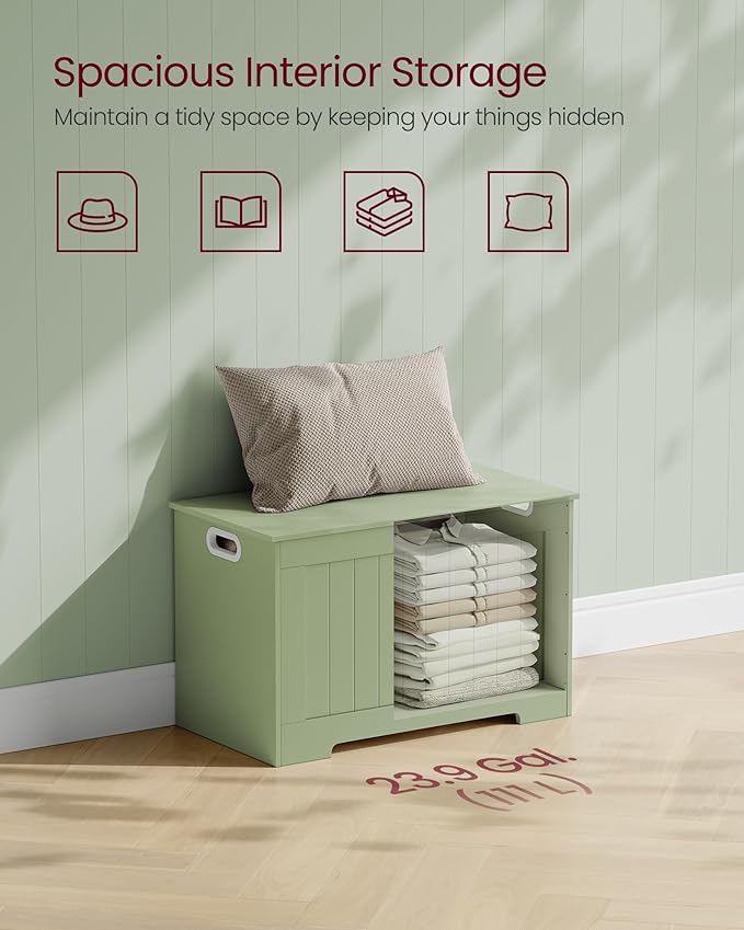 VASAGLE Storage Chest, 29.9 Inches Width Storage Bench, Entryway Bench with 2 Safety Hinges, Shoe Bench, Farmhouse Style, for Entryway, Bedroom, Living Room, Laurel Green ULHS011C01