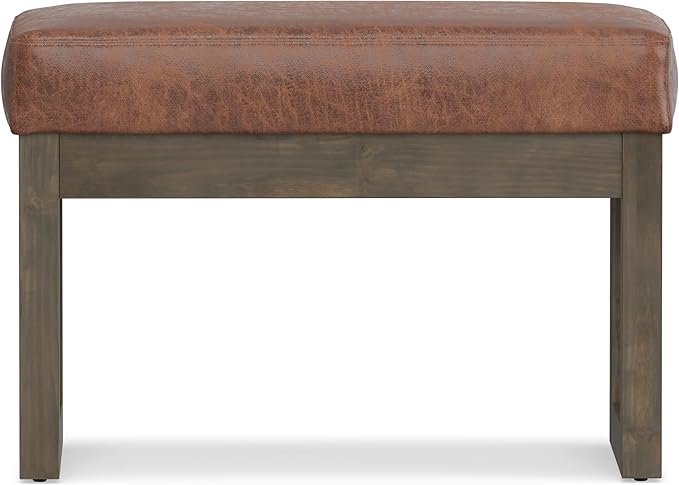 SIMPLIHOME Milltown 27 inch Wide Contemporary Rectangle Footstool Ottoman Bench in Distressed Saddle Brown Vegan Faux Leather, Assembled, for the Living Room and Bedroom