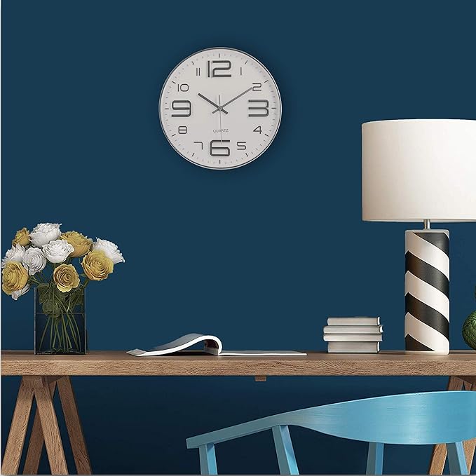 Bernhard Products Silver Wall Clock 12 Inch Silent Non-Ticking Quality Quartz Battery Operated Round White Decorative Modern Design for Home/Office/Kitchen/Bedroom/Living Room (Silver & White)