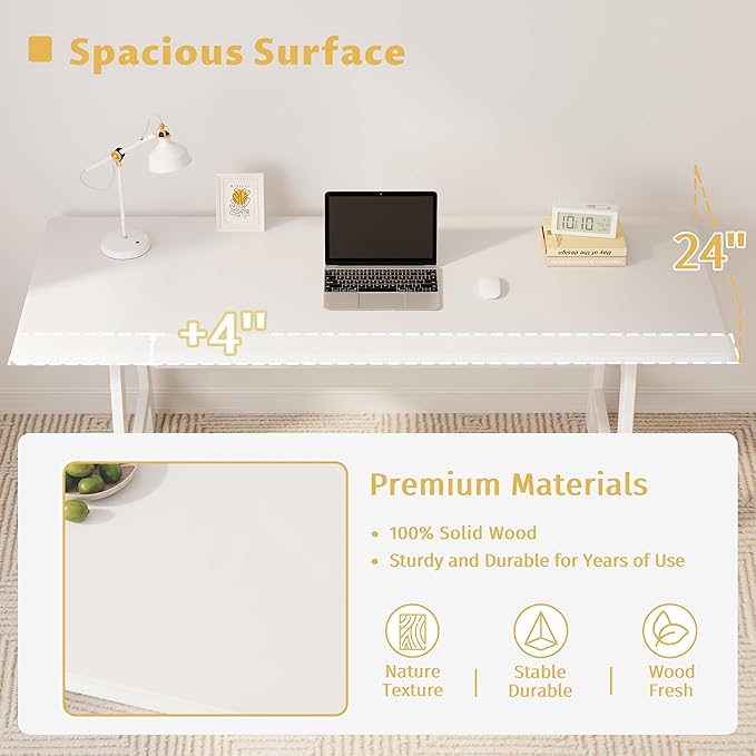 IOTXY Solid Wood Writing Table - 72" W x 24" D Minimalist Long Computer Desk for Home Office, Work, Study, Creativity, and PC Workstation, White