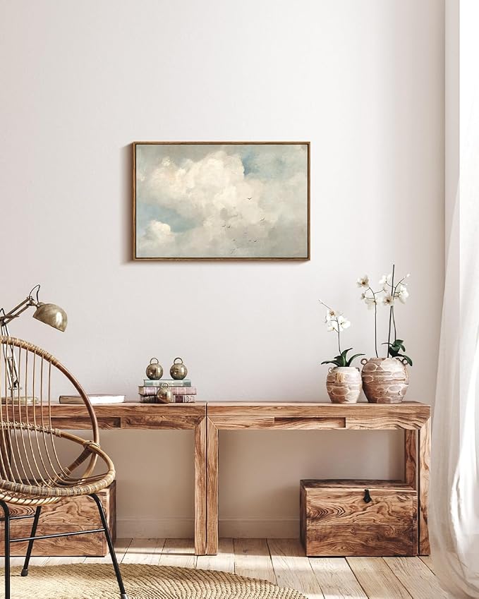 InSimSea Framed Canvas Wall Art Vintage Decor, Home Decor Classical Oil Paintings Sky Cloud Birds Prints, Vintage Landscape Large Wall Art for Living Room Bedroom Bathroom Office Decor, 20"x30"