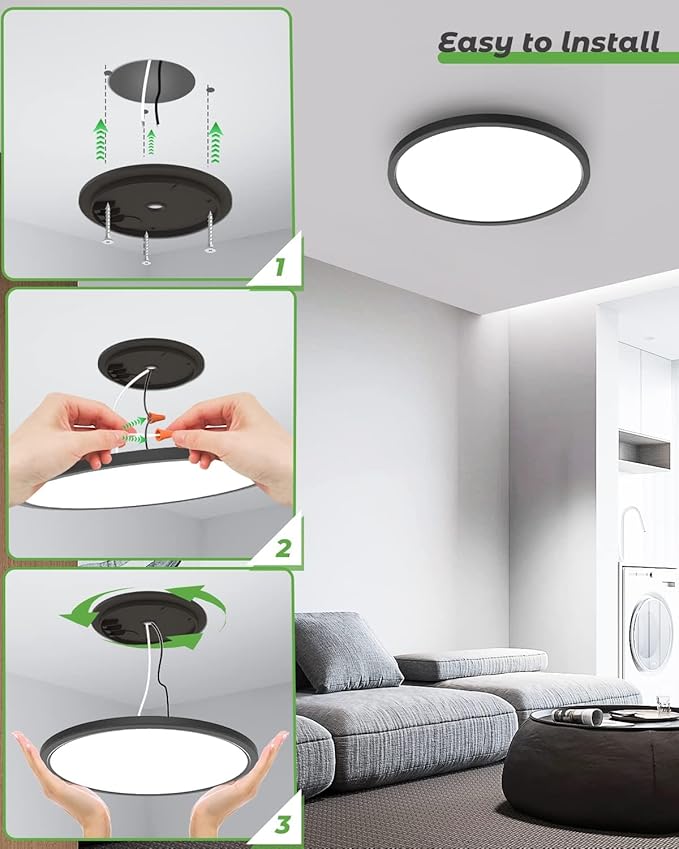 zemty Black LED Flush Mount Ceiling Light - 12 Inch 28W 3200lm LED Light Fixture, 3000k/4500k/6000K Selectable Round Flat Light Fixtures for Bedroom, Kitchen, Hallway