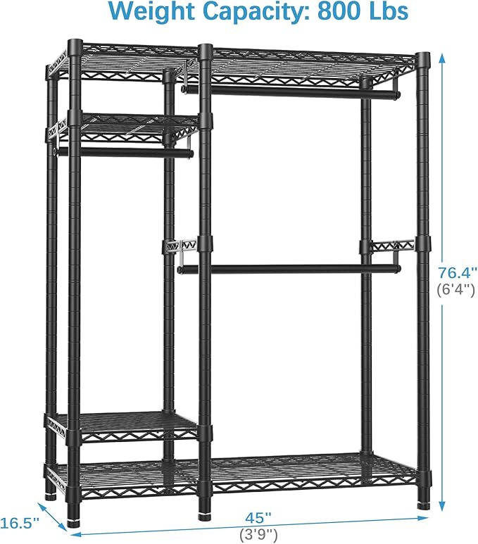 VIPEK V2S Heavy Duty Clothes Rack, Portable Metal Clothing Racks with 4 Tiers Adjustable Wire Shelving & 3 Hanging Rods, Freestanding Wardrobe Portable Closet Rack, Max Load 800LBS, Black