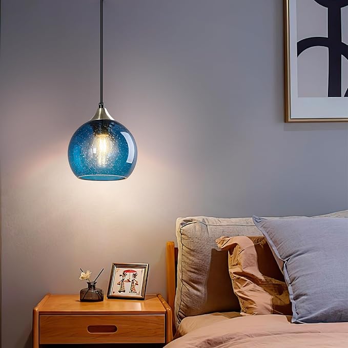 Blue Glass Pendant Lights Kitchen Island Lighting Globe Pendant Light Fixtures Modern Pendant Lighting for Kitchen Island Bedroom Living Dining Room Light Fixture(5.9in, 3-Pack)