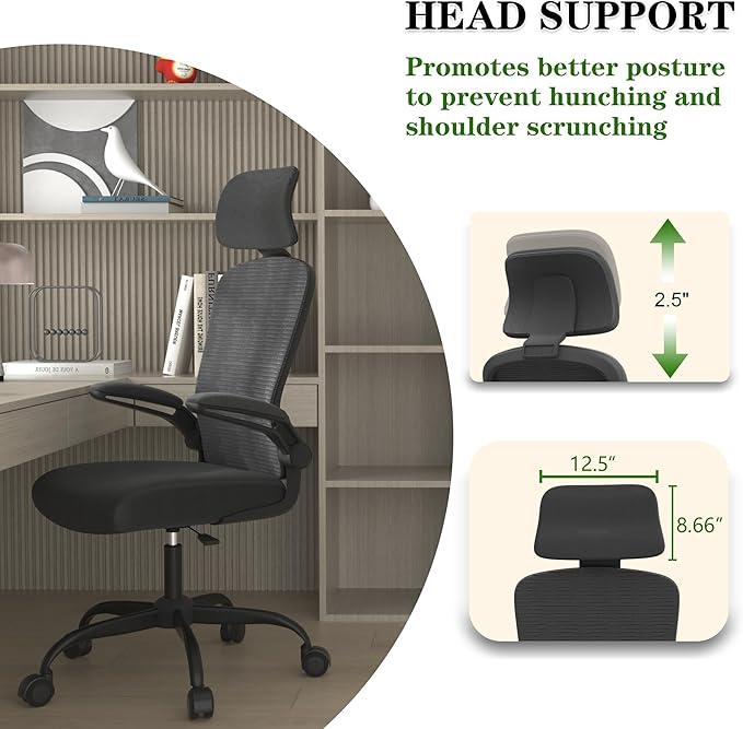 Ergonomic Office Chair for Long Hours & Back Pain Relief – Desk Chair with Adjustable Lumbar Support & Headrest, High-Density Foam Cushion, Flip-Up Armrests, Perfect for Work & Study (Dark Black)